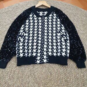 Black White Houndstooth Sequin Sleeve Zip Up Knit Jacket